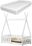 Łóżka dla dzieci i młodzieży - [en.casa] Łóżko dziecięce z materacem 70x140cm białe z zabezpieczeniem przed wypadnięciem w kształcie tipi wykonane z drewna sosnowego łóżko młodzieżowe łóżko drewniane łóżko do domu łóżko - miniaturka - grafika 1
