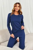 Piżamy damskie - Granatowa piżama damska z prążkowanej dzianiny - miniaturka - grafika 1