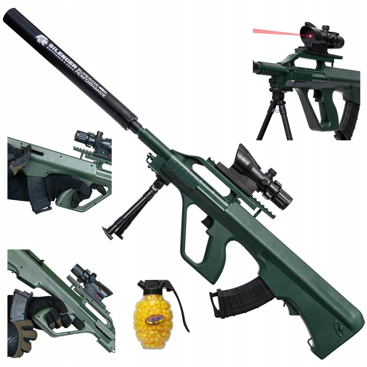 Karabin Maszynowy Pistolet Na Kulki Plastikowe Z Laserem Duży 94Cm Zielony