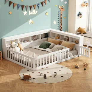 Łóżko dwuosobowe 140 x 200 cm z wezgłowiem i barierkami - Gniazda USB - Płyta wiórowa - Białe (bez materaca) - Łóżka dla dzieci i młodzieży Łóżko dwuosobowe 140 x 200 cm z wezgłowiem i barierkami - Gniazda USB - Płyta wiórowa - Białe (bez materaca) - Łóżka dla dzieci i młodzieży - miniaturka - grafika 1