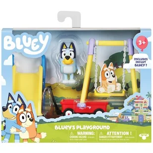 Bluey Bluey Zestaw do zabawy w parku: Bluey przegubowa figurka 2,5 cm i trzyczęściowy zestaw do zabawy w parku z huśtawką, zjeżdżalnią i wagonem, oficjalna zabawka kolekcjonerska 13016 - Figurki dla dzieci - miniaturka - grafika 1