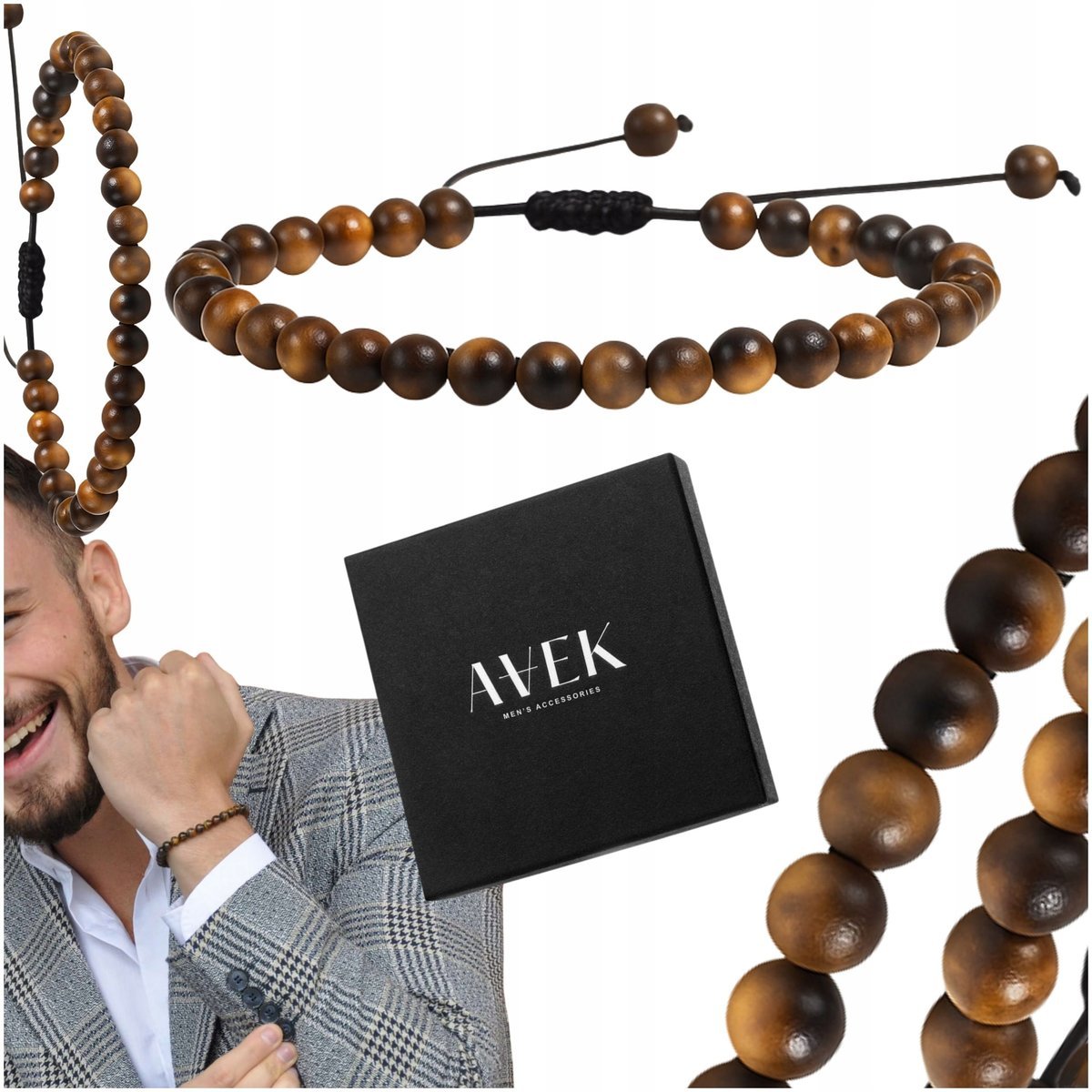 BRANSOLETKA MĘSKA Z KORALIKÓW BRĄZOWA Z KAMIENIA TIGER EYE REGULOWANA 4MM / AVEK