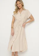 Sukienki - Beżowa Sukienka Koszulowa z Wiskozy Wiązana w Pasie Florazi - miniaturka - grafika 1
