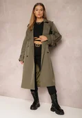 Płaszcze damskie - Ciemnozielony Płaszcz Trencz Dwurzędowy z Paskiem Lene - miniaturka - grafika 1