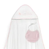 Okrycia kąpielowe dla dzieci - Okrycie kąpielowe 100x100 Baby biały różowy ręcznik z kapturkiem + śliniaczek - miniaturka - grafika 1