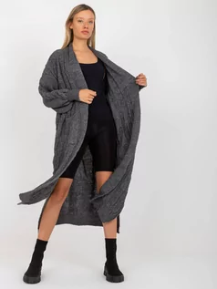Swetry damskie - Sweter kardigan ciemny szary casual narzutka rękaw długi długość długa kieszenie - grafika 1