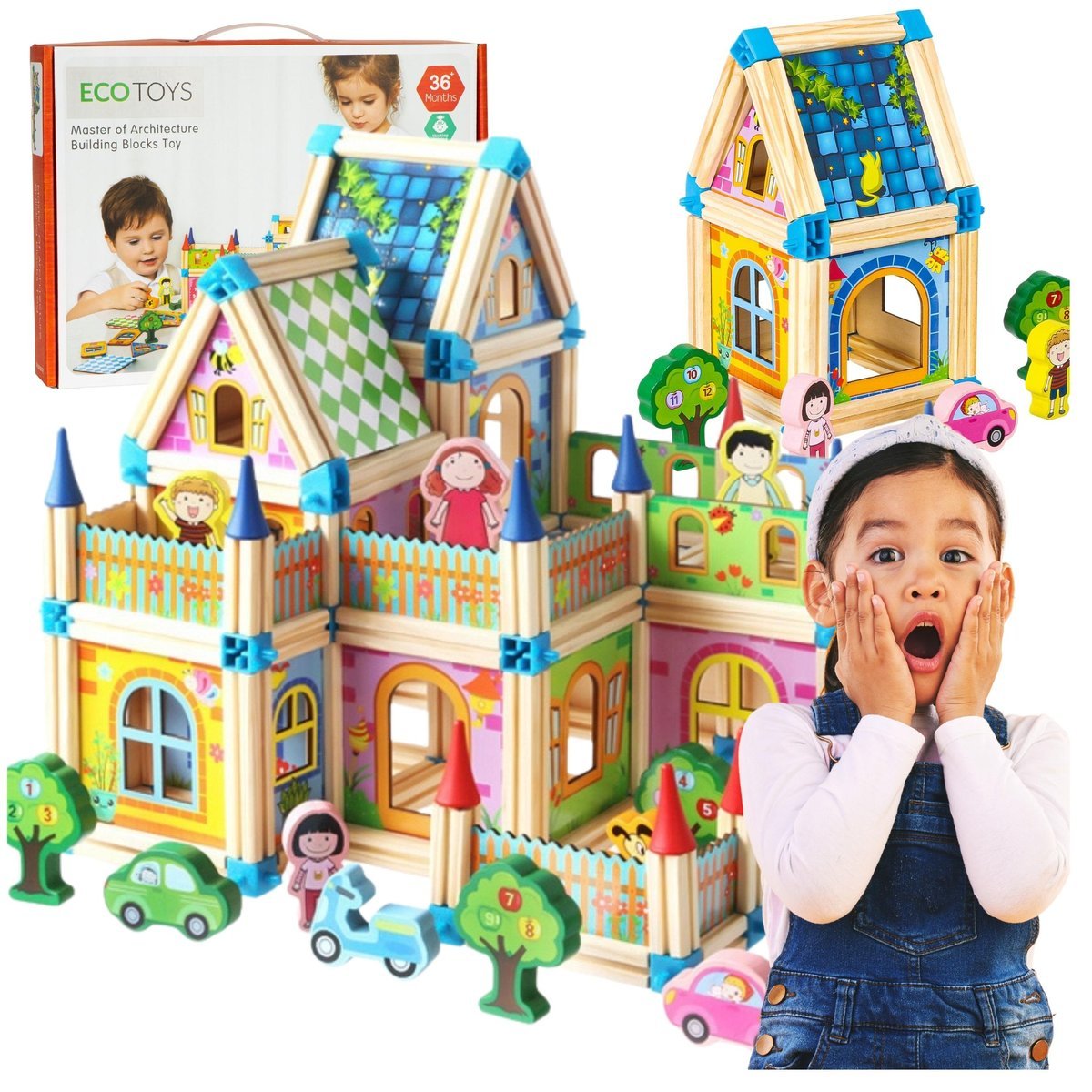 Drewniane Klocki Konstrukcyjne Budowlane Domek 6w1 Duży Zestaw 128el.