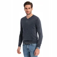 Swetry męskie - Washowany sweter męski z dekoltem w serek granatowy V2 OM-SWOS-0108 XL - miniaturka - grafika 1