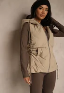 Kamizelki damskie - Beżowa Pikowana Kamizelka z Kapturem w Stylu Basic Cleopie - miniaturka - grafika 1