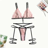 Komplety bielizny - Koronkowy komplet bielizny z paskami - Różowy XXXL - miniaturka - grafika 1
