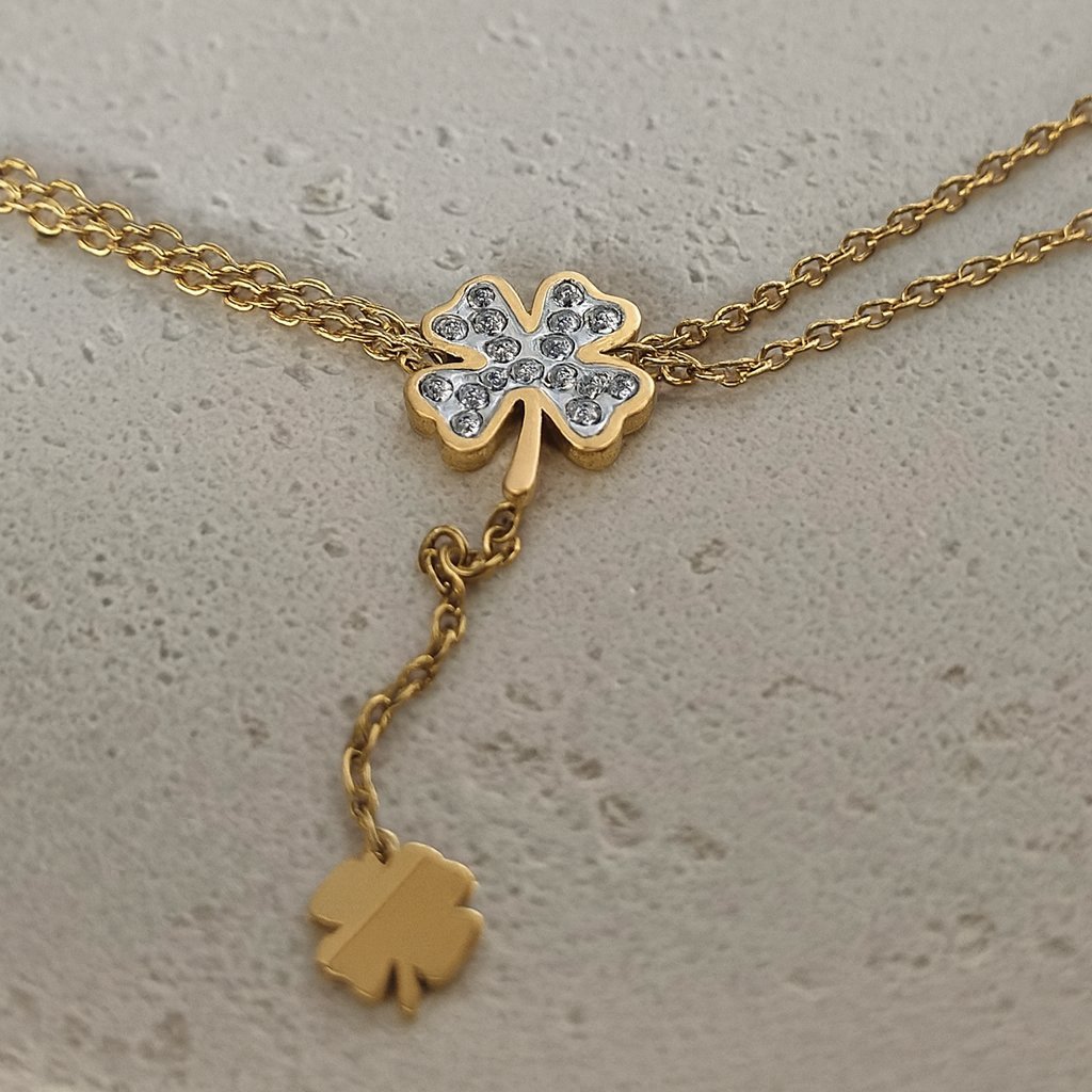 Podwójna złota bransoletka z koniczynkami i cyrkoniami