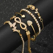 Inne - TEMU Zestaw 5 eleganckich błyszczących bransoletek - motyl, serce, kwiat, nieskończoność i tulipan, ozdobione cyrkoniami, prosty styl wakacyjny, stop - miniaturka - grafika 1