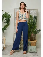 Spodnie damskie - Lin Passion Lniane spodnie w kolorze granatowym - miniaturka - grafika 1