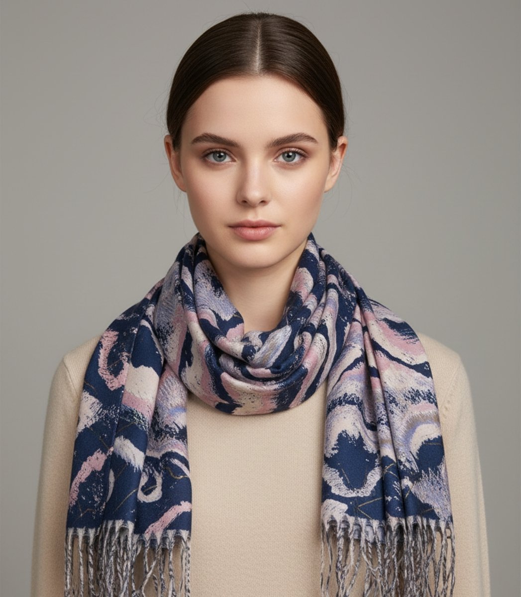 Chusta szal szalik z falistym delikatnym wzorem z frędzlami