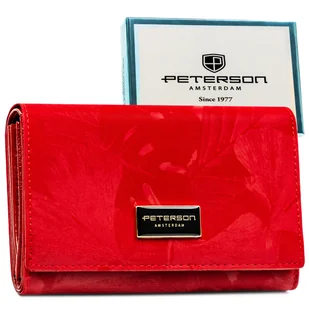 Portfel damski na karty PETERSON skóra naturalna i ekologiczna rfid stop średniej wielkości czerwony na zatrzask modny motyw roślinny pudełko prezen.. - Portfele - miniaturka - grafika 1