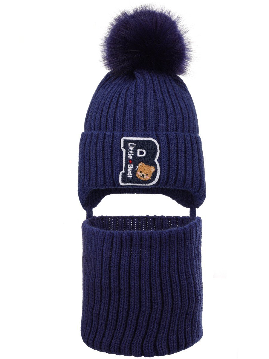 Chłopięcy komplet zimowy czapka uszatka i komin ciemnoniebieski Ambra r.46/48