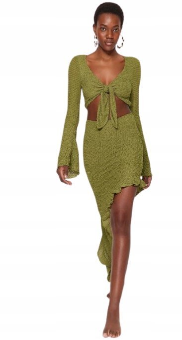 TRENDYOL ZIELONY KOMPLET Z WIĄZANIEM I FALBANAMI DAMSKI 34 5AA