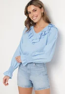 Bluzki damskie - Jasnoniebieska Bluzka z Wiskozą w Rustykalnym Stylu z Falbanami Finlimi - miniaturka - grafika 1