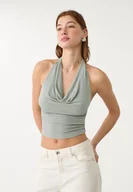 Koszulki i topy damskie - Stradivarius Błyszczący top halter Akwamaryna L - miniaturka - grafika 1