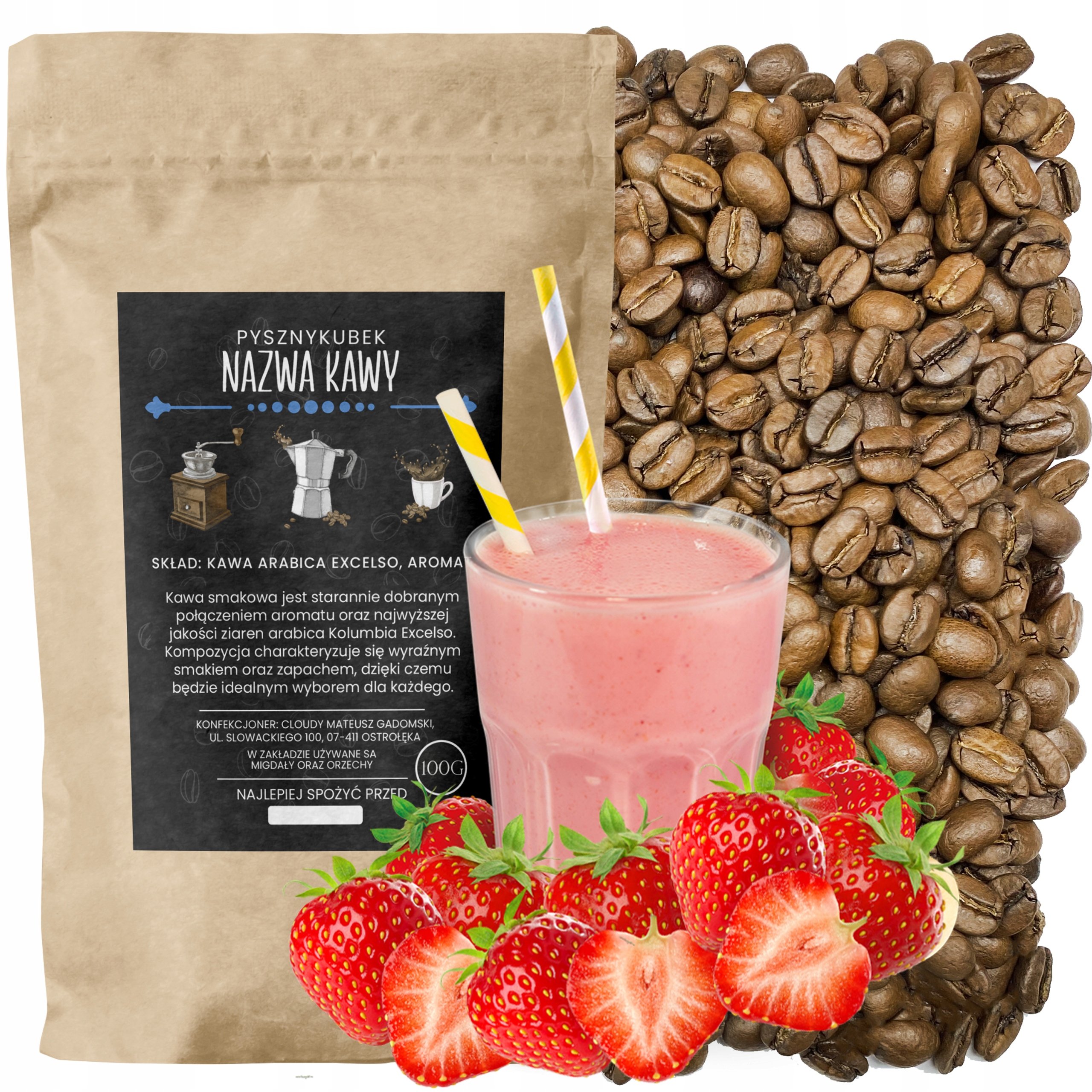 Kawa smakowa Shake Truskawkowy 1000G 1KG arabica mniam