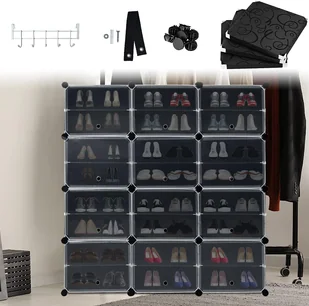 Stojak na buty 3*8 poziomów DIY szafka na buty PP plastikowy schowek na buty 24 przegrody z drzwiami Modułowy stojak na buty Oszczędność miejsca do sortowania butów, czarny CEEDIR - Szafki na buty - miniaturka - grafika 1