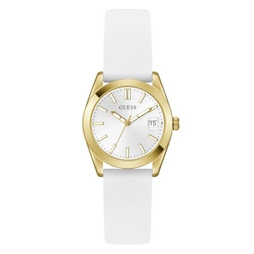 Guess Damski zegarek na rękę GW1033L2 Alice, 32 mm stal szlachetna PVD biały, biały cyferblat, kwarc, szkło mineralne, 3 ATM, silikonowy pasek