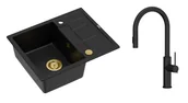 Zlewozmywaki z baterią - Quadron Unique Zlewozmywak granitowy jednokomorowy 62*50*22 cm z ociekaczem MORGAN 116 PURE CARBON z syfonem Push-2-Open w kolorze złotym z baterią JENNIFER Q LINE SLIM z wyciąganą wylewką i funkcją prysznica kolor czarny mat - miniaturka - grafika 1