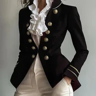 Marynarki i żakiety damskie - TEMU Elegancki, dwurzędowy, damski blazer w stylu vintage - stylowa, jednokolorowa kurtka do garnituru z kieszeniami, długimi rękawami, poliestrem, - miniaturka - grafika 1