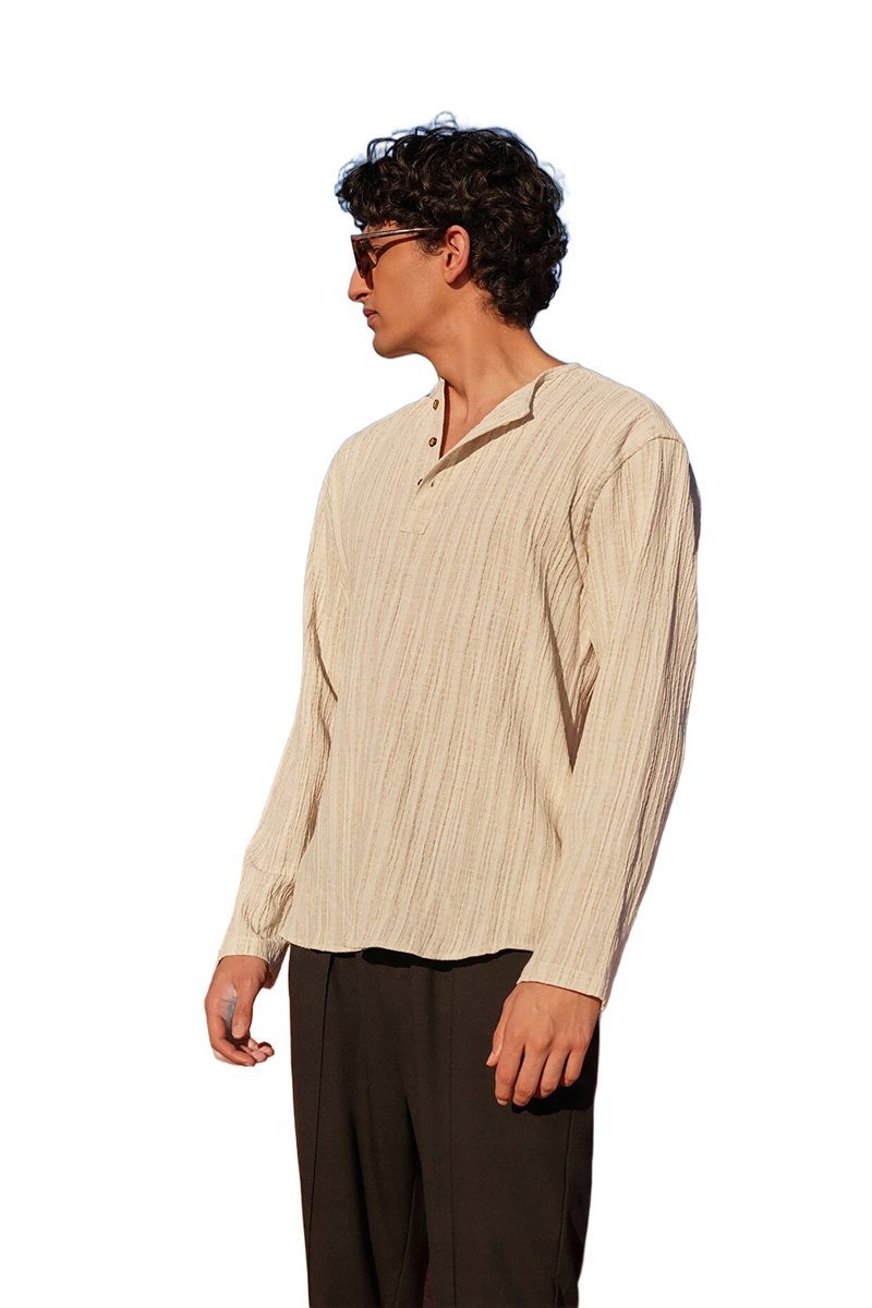 TRENDYOL MAN KOSZULA MĘSKA CASUAL DŁUGI RĘKAW BEŻOWA Z FAKTURĄ S 5DA