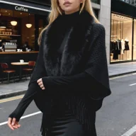 Swetry damskie - TEMU Elegancki damski sweter-kurtka z dekoltem w serek - Szykowny kardigan z długim rękawem i puszystym kołnierzykiem, luźny krój, całoroczna odzież - miniaturka - grafika 1