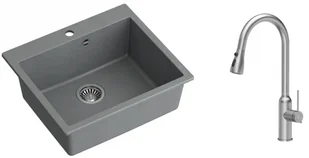 Quadron Zlewozmywak granitowy jednokomorowy 57*50*22 cm MORGAN 110 SILVER STONE ze stalowym odpływem z baterią JESSICA Q LINE z wyciąganą wylewką i funkcją prysznica kolor stal szczotkowana - Zlewozmywaki z baterią - miniaturka - grafika 1