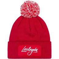 Czapki damskie - Czapka Czerwona z Pomponem LOS ANGELES Zimowa Na Prezent Wzory - miniaturka - grafika 1