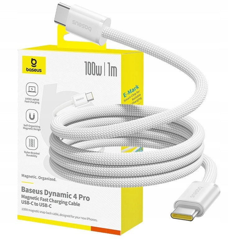 Kabel Baseus Dynamic 4 Pro 100W USB-C - USB-C magnetyczny 1m - biały