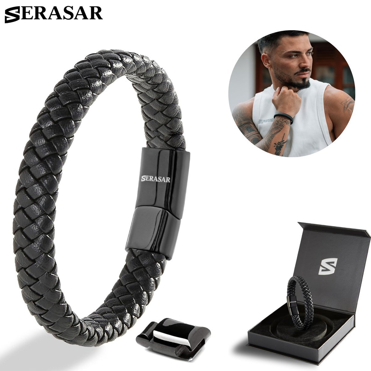 SERASAR, Męska skórzana bransoletka „Steady” - czarna 17 cm, Idealny pomysł na prezent dla niego, Modna opaska na nadgarstek ze stalowym zapięciem