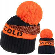 Czapki damskie - Czapka Damska Kobieca So Cold We Wzór Z Pomponem Czarny Pomarańczowy - miniaturka - grafika 1