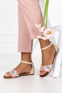 Paski - Beżowe sandały płaskie damskie z zakrytą piętą pasek wokół kostki kwiaty Casu K19X16-BEP-42 - grafika 1