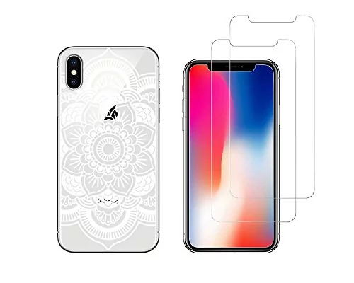 NOVAGO kompatybilny z iPhone XS iPhone X Combo (obudowa + folia) obudowa antywstrząsowa z nadrukiem + 2 folie ze szkła hartowanego 0,26 mm odporne na wybuch ekranu (biała róża)