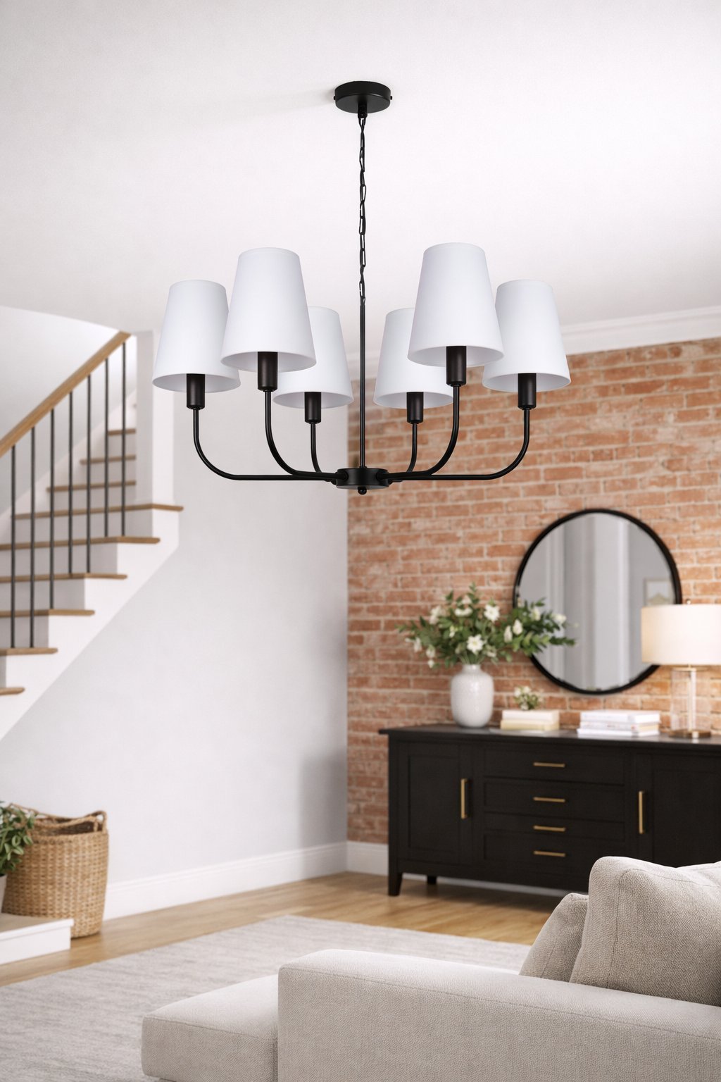 Lampa wisząca LUNERA 6 czarna, z abażurami materiałowymi