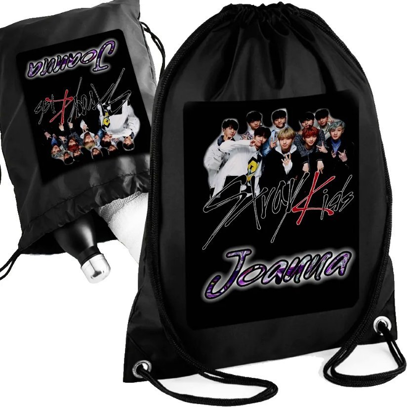 Personalizowany Czarny Worko-Plecak STRAY KIDS - Twoje Imię Nadruk Prezent