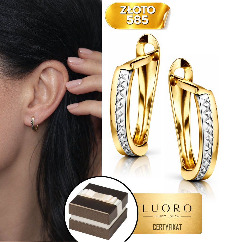 KOLCZYKI ZŁOTE 585 14K DIAMENTOWANE DWUKOLOROWE 14 MM ANGIELSKIE ZAPIĘCIE