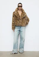 Kurtki damskie - Stradivarius Dwurzędowa kurtka w panterkę ze sztucznego futra Beżowy XS - miniaturka - grafika 1