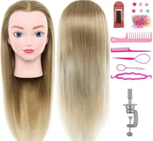 Główka treningowa fryzjerska Manekin fryzjerski ze stojakiem i akcesoriami do stylizacji - Główka fryzjerska - Włosy blond ombre - 50 cm - Manekiny wystawowe - miniaturka - grafika 1