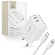 Ładowarki do telefonów - Apple Ładowarka sieciowa C35W 2x USB-C z kablem USB-C - iPhone Lightning - biała Tech-Protect - miniaturka - grafika 1
