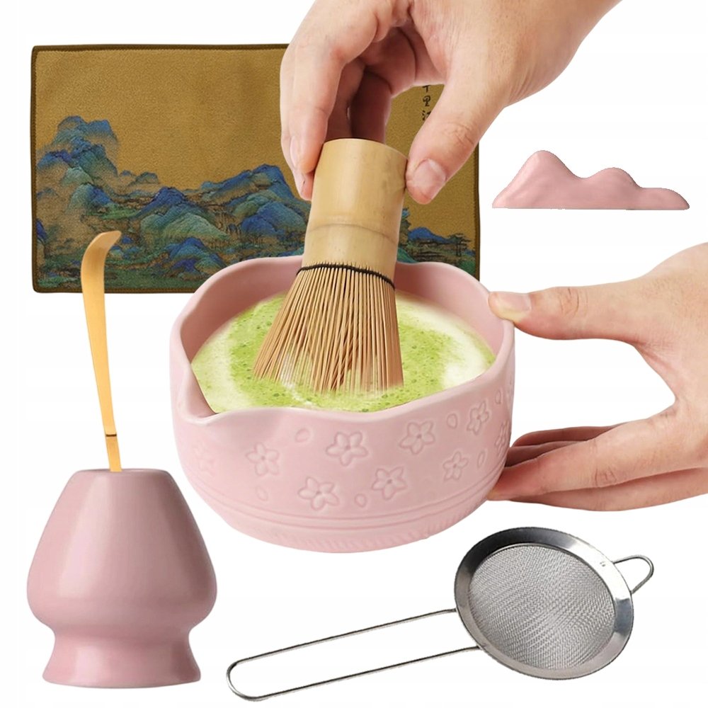 Zestaw Do Matcha Różowy Ceramiczny 450ML Z Bambusową Trzepaczką