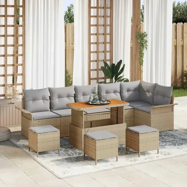 Zestaw Ogrodowy Rattanowy dla 8 Osób, Beżowy, Sofa, Stół, Pufy