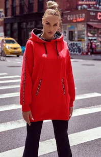 Czerwona bluza oversize z kapturem i ozdobnymi lampasami M696, Kolor czerwony, Rozmiar L, MOE - Primodo.com - Kurtki i kamizelki sportowe damskie - miniaturka - grafika 1