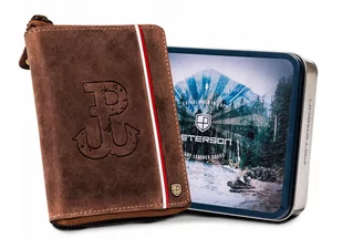 Pojemny portfel na suwak męski patriotyczny Polska Walcząca flaga Polski skóra naturalna Peterson, brązowy - Portfele - miniaturka - grafika 1