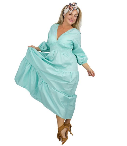 Sukienka Długa Maxi Błękitna Boho Falbany Marszczona Talia