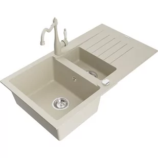 Mexen Matias zlewozmywak granitowy 1,5-komorowy z ociekaczem i baterią kuchenną Carla, beżowy - Zlewozmywaki z baterią - miniaturka - grafika 1