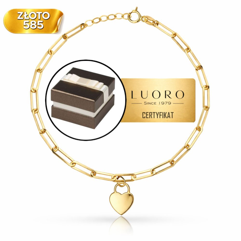 BRANSOLETKA ZŁOTA 585 14K DŁUGIE OGNIWA KŁÓDKA SERCE 17+2 CM ELEGANCKA